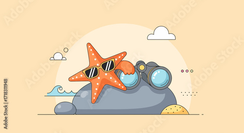 Starfish Enjoys Beach View, Wearing Sunglasses Next to Binoculars, Sunny Day Scene