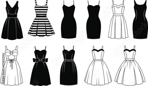 Fashion dress collection, elegant women outfits, stylish clothing design, modern and vintage styles, neckline sleeve waist skirt variations, apparel inspiration