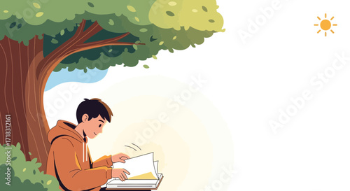 Student Reading Book Underneath The Tree Outdoors During Sunlight, Bright Illustration