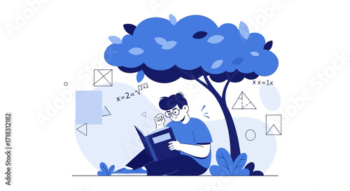 Student Studying Mathematics Outdoors Under Shade Of Tree Thinking Deeply To Solve Equations