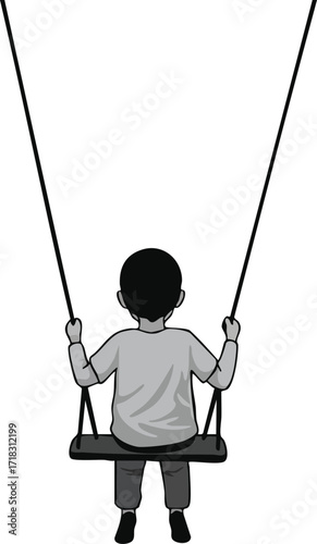 Child sitting on swing viewed from behind in vector illustration of childhood outdoor play and innocence 