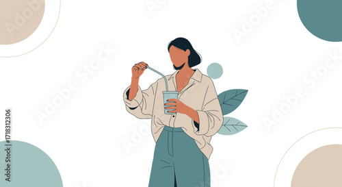 Stylish Woman Drinks From Cup, Simple Illustration, Modern Composition, White Background