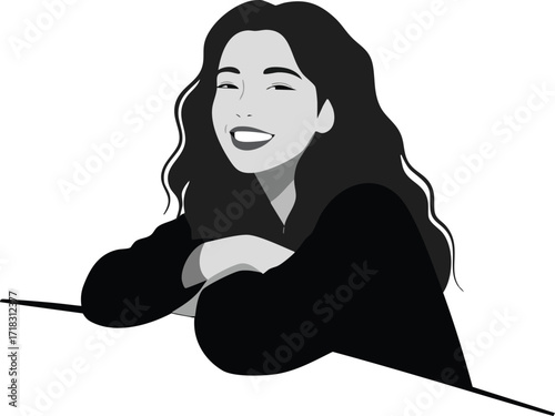 Smiling woman with long hair leaning on surface in black and white vector illustration 