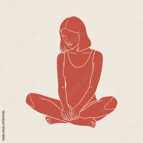 Red outline illustration of a woman sitting in a cross-legged pose.
