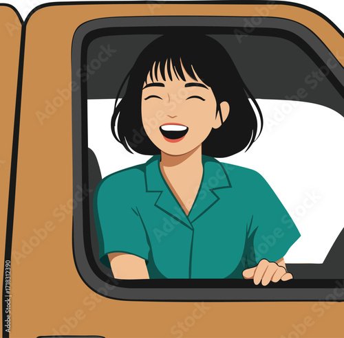 Smiling woman driving car with short black hair wearing green shirt in vehicle window vector illustration 