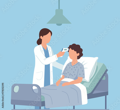 Flat vector hospital scene of doctor checking patient’s temperature in bed, symbolizing healthcare, care, and medical monitoring