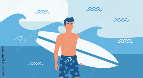 Surfer Standing With Surfboard In A Blue Ocean And Waves Backdrop Illustration