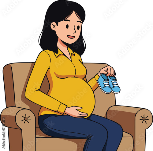 Pregnant woman sitting on armchair holding baby shoes expecting motherhood joyfully vector illustration 