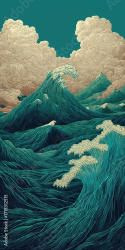 A detailed illustration depicts a dramatic ocean wave surging over mountainous terrain, contrasted by soft, light beige clouds against a deep teal backdrop, evoking a sense of powerful nature.