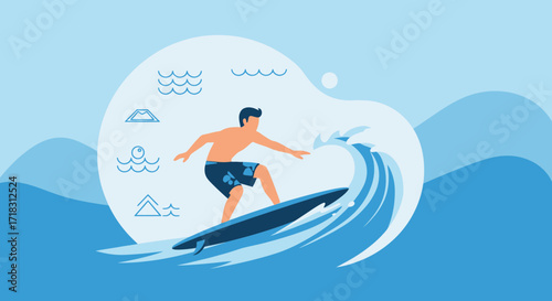 Surfing Adventure Illustration Depicting a Silhouette Surfer Riding an Ocean Wave