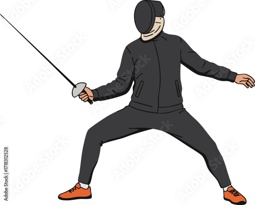 Fencer in black sportswear with orange shoes performing fencing attack stance vector illustration 
