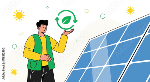 Sustainable Energy Advocate Showing Eco-Friendliness Alongside Solar Panel Illustration