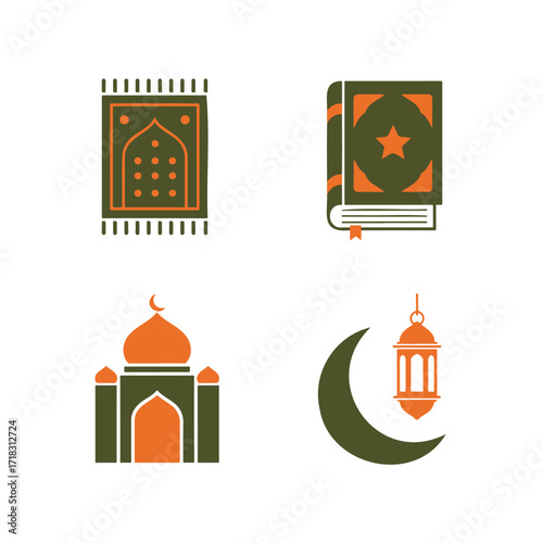 Islamic culture icons: prayer rug, Quran, mosque, crescent moon, lantern.