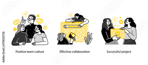 Three vector illustrations showing a positive team environment, efficient project collaboration, and successful project delivery in a business setting.