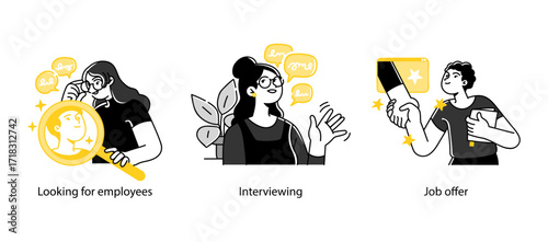 Three vector illustrations showcasing stages of hiring: searching for employees, conducting interviews, and extending a job offer to candidates.