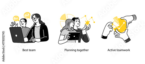Three vector illustrations showing business teamwork, including collaborative planning, active contribution, and building the best performing team.