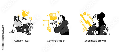Three vector illustrations representing stages of content marketing—generating ideas, creating digital assets, and growing engagement on social media.