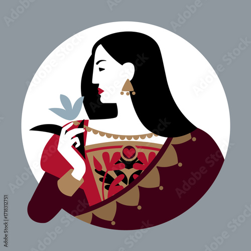 Portrait of the Queen of playing cards character with a sword in his hand in a white round frame. Original vintage design in minimalistic flat style. Vector 
illustration