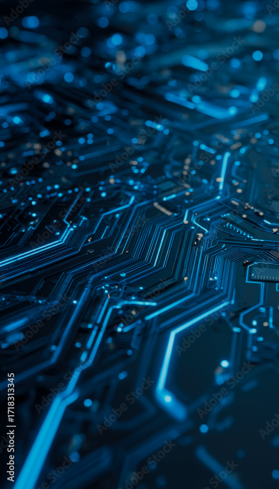 Obraz premium Futuristic electronic circuit board with glowing blue pathways