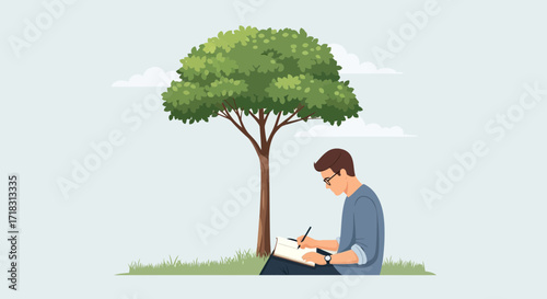 Thoughtful Person Under A Lush Tree Writing In Notebook On A Serene Day