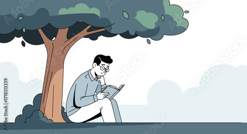 Thoughtful Person Underneath a Tree Absorbing the Words From a Book in a Contemplative Setting