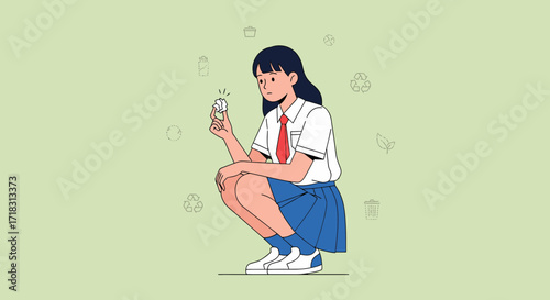 Thoughtful Schoolgirl Holding Crumpled Paper Reflecting On Environmental Responsibility And Waste