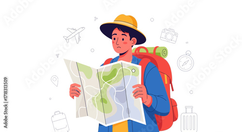 Tourist's Navigation Quandary: A Traveler's Dilemma Illustrated in Colorful Vector Art