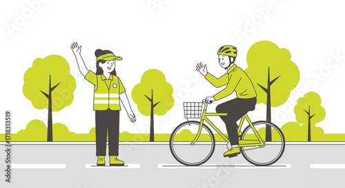 Traffic Officer Waving to Cyclist Outdoors on a Sunny Day Promoting Safety and Green Transport