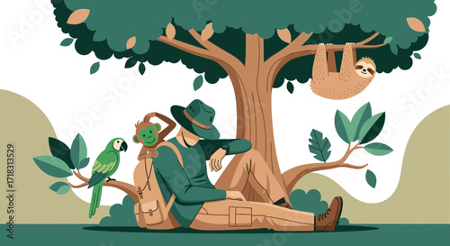 Tranquil Amazonian Encounter, Explorer Relaxing, Surrounded By Wildlife, Under Giant Tree.