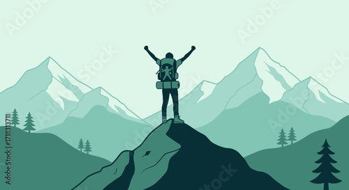 Triumphant Hiker Celebrates Victory, Reaching Mountain Summit, Embracing Freedom And Nature