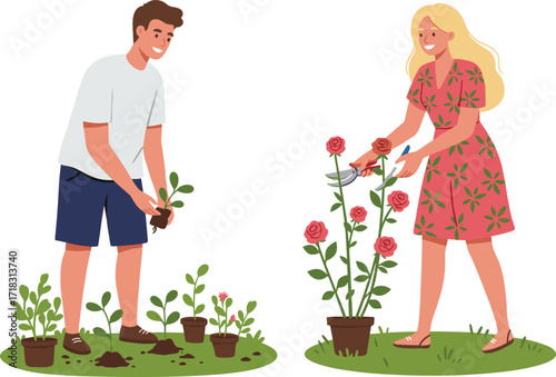 Gardening activity, planting flowers, pruning roses, outdoor hobby, eco-friendly lifestyle, teamwork, nature care, peaceful garden, home gardening, floral maintenance