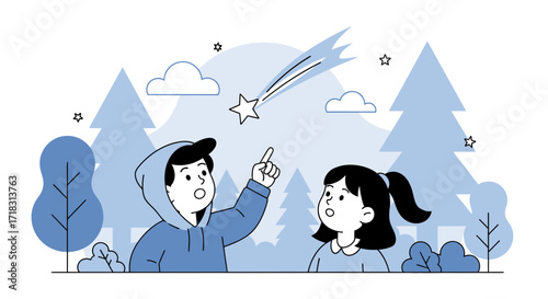 Two Children Gaze In Awe At Shimmering Celestial Phenomenon In The Night Sky