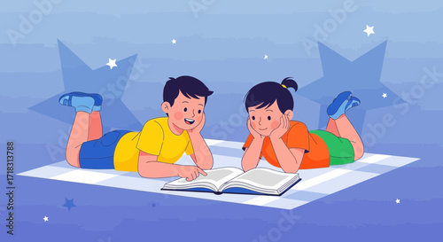 Two Enthusiastic Children Reading A Book under A Night Sky with Stars