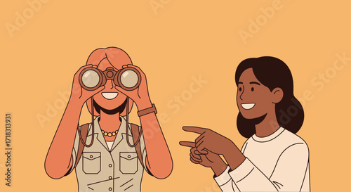 Two Young Women Exploring With Binoculars And Sharing Observations About Something