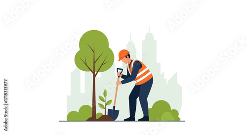Urban Forestry Worker Planting Trees Illustrating City Environmental Preservation And Care