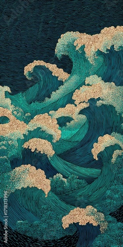 A vibrant depiction of powerful ocean waves, textured with intricate details and deep teal hues, evoking a sense of serene dynamism.