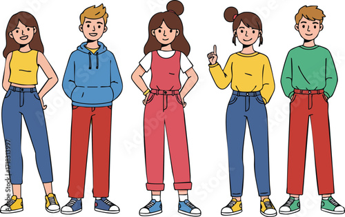 Group of diverse young people standing in casual colorful clothing vector illustration for lifestyle and friendship themes 