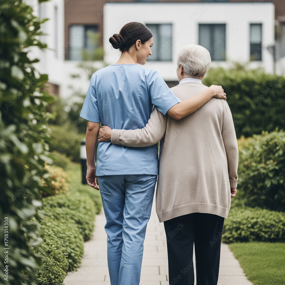 Fototapeta premium Caregiver supporting senior woman in garden, healthcare and companionship for medical services websites, caregiving promotions, retirement community marketing, wellness & family support ads, insurance