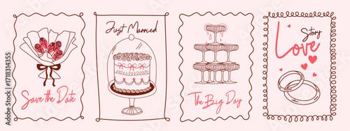 Chalk wedding poster design. Hand drawn vintage Italian style doodles with party elements for invitations, save the date cards, and festive greetings. Vector ink sketch illustrations in retro style.