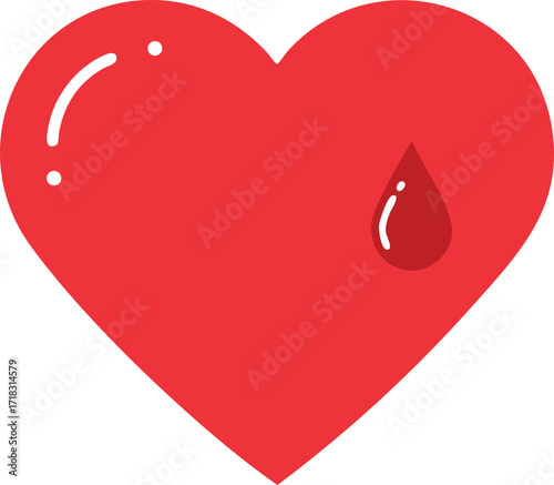 Red heart symbol with a single blood drop representing blood donation and health awareness vector illustration 