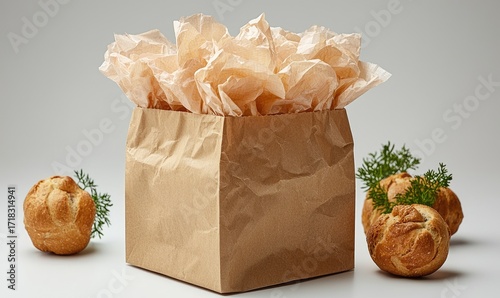 A kraft paper gift box filled with tissue paper, with small, round buns at the base