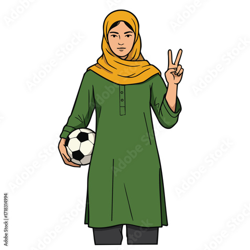 Woman wearing yellow hijab and green tunic holding soccer ball showing peace sign vector illustration 