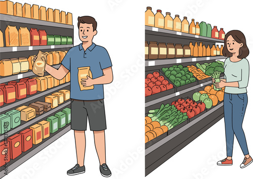 Grocery shopping, supermarket interior, fresh produce, healthy lifestyle, food choices, retail store, vegetables, fruits, customers, daily routine, nutrition, market scene