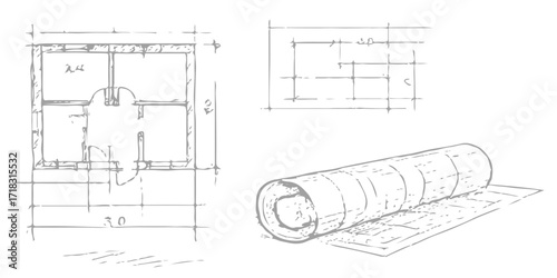 Architectural sketch of a house plan on paper, a design and engineering blueprint for a home construction project. engineer, cad, blueprints, plans, industry