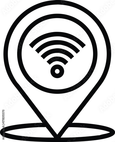 Wi-Fi Location Outline Vector Icon with Map Pin for Finding Hotspots and Wireless Connectivity, Flat Vector Icon on White Background

