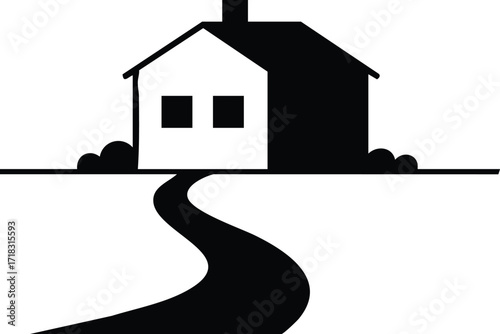House silhouette with curved driveway simple home exterior icon vector illustration 