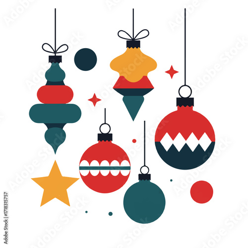 A flat design illustration of assorted Christmas ornaments