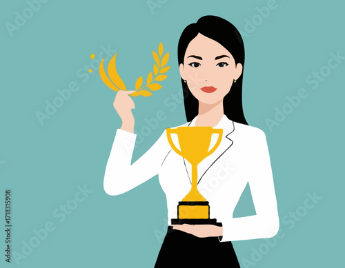 Business Woman Holding Trophy Image vector isolated on white background.