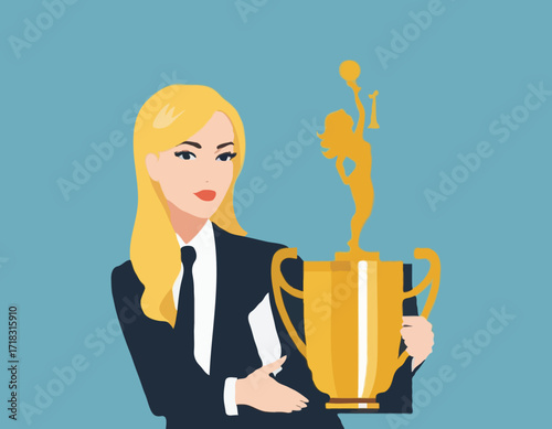 Business Woman Holding Trophy Image vector isolated on white background.