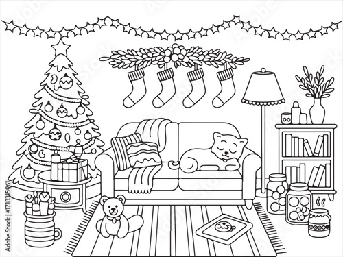 Holiday Living Room Featuring Christmas Tree and Decorations